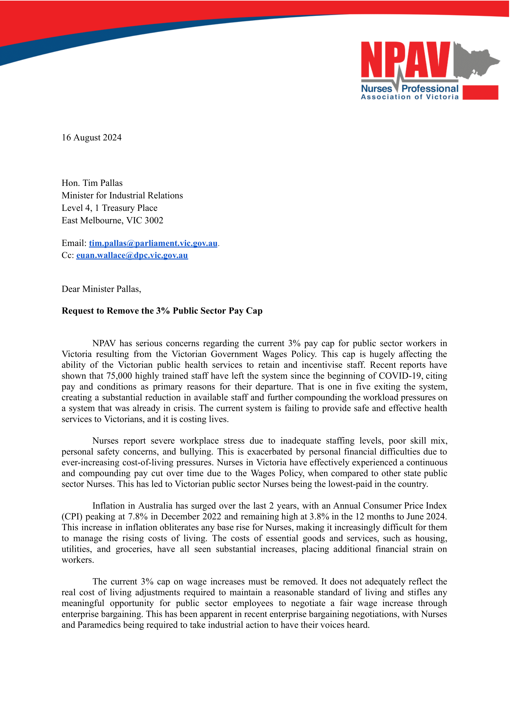 Letter to Health Minister: Request to Remove the 3% Public Sector Pay Cap